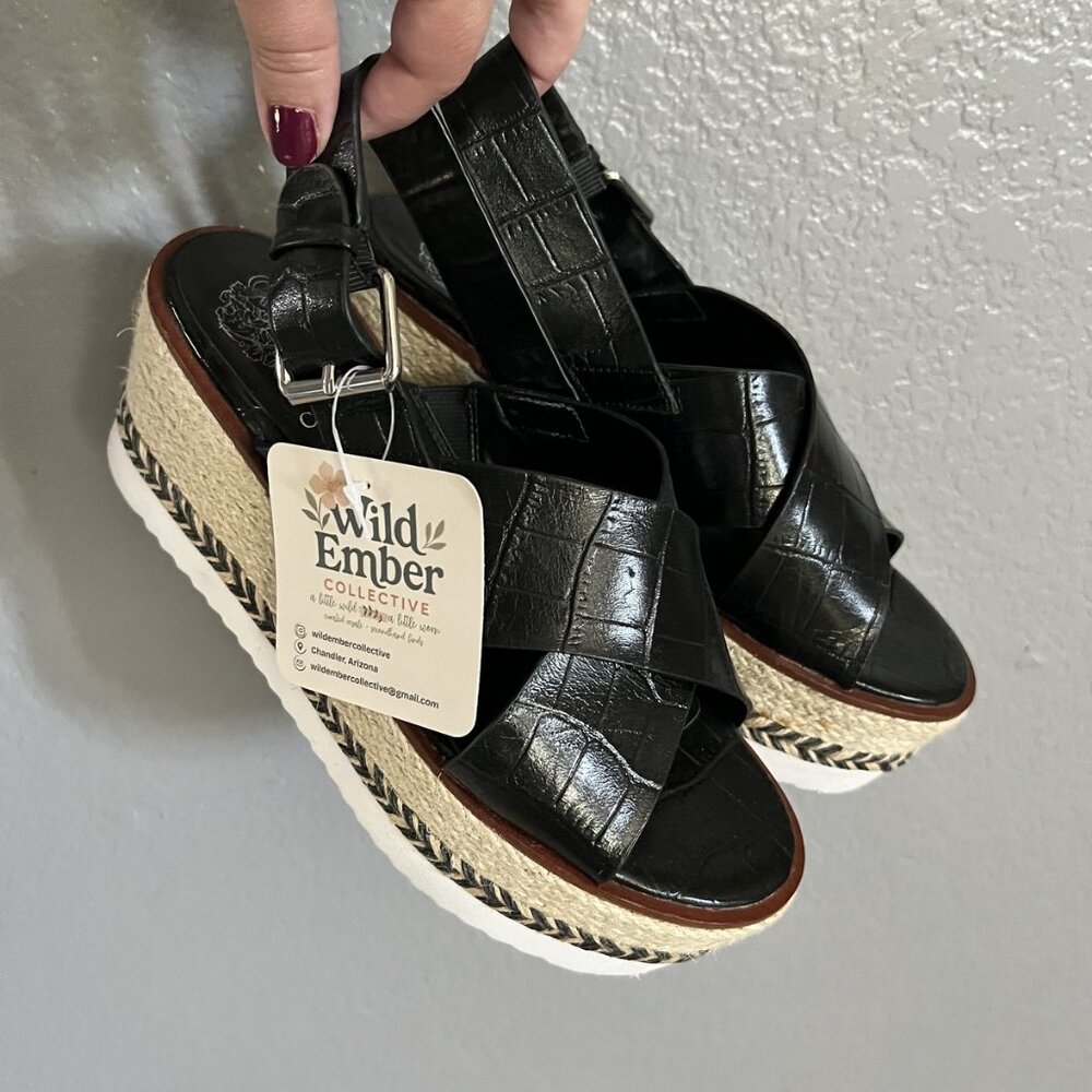 Vince Camuto Size 6 Black Patent Leather Platform Espadrilles Sandals